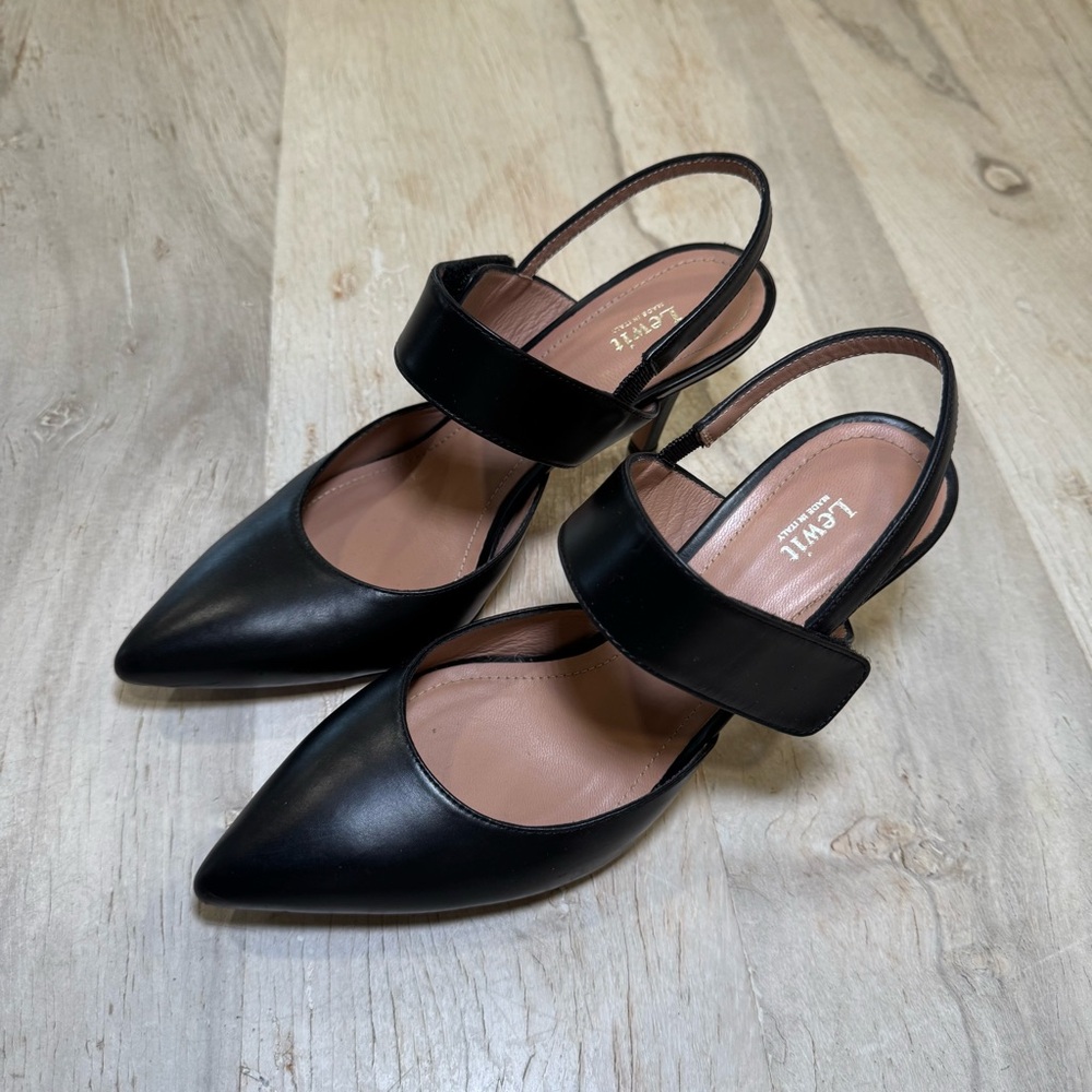 Lewit Black Leather Slingback Pumps 8 Pointed Toe High Heel Designer Made Italy